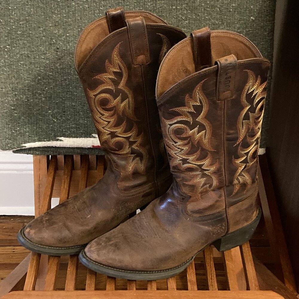 Justin R-Toe Cowboy Western Boots, Tan Roughout, Men's 7 1/2 D, Vibram Sole